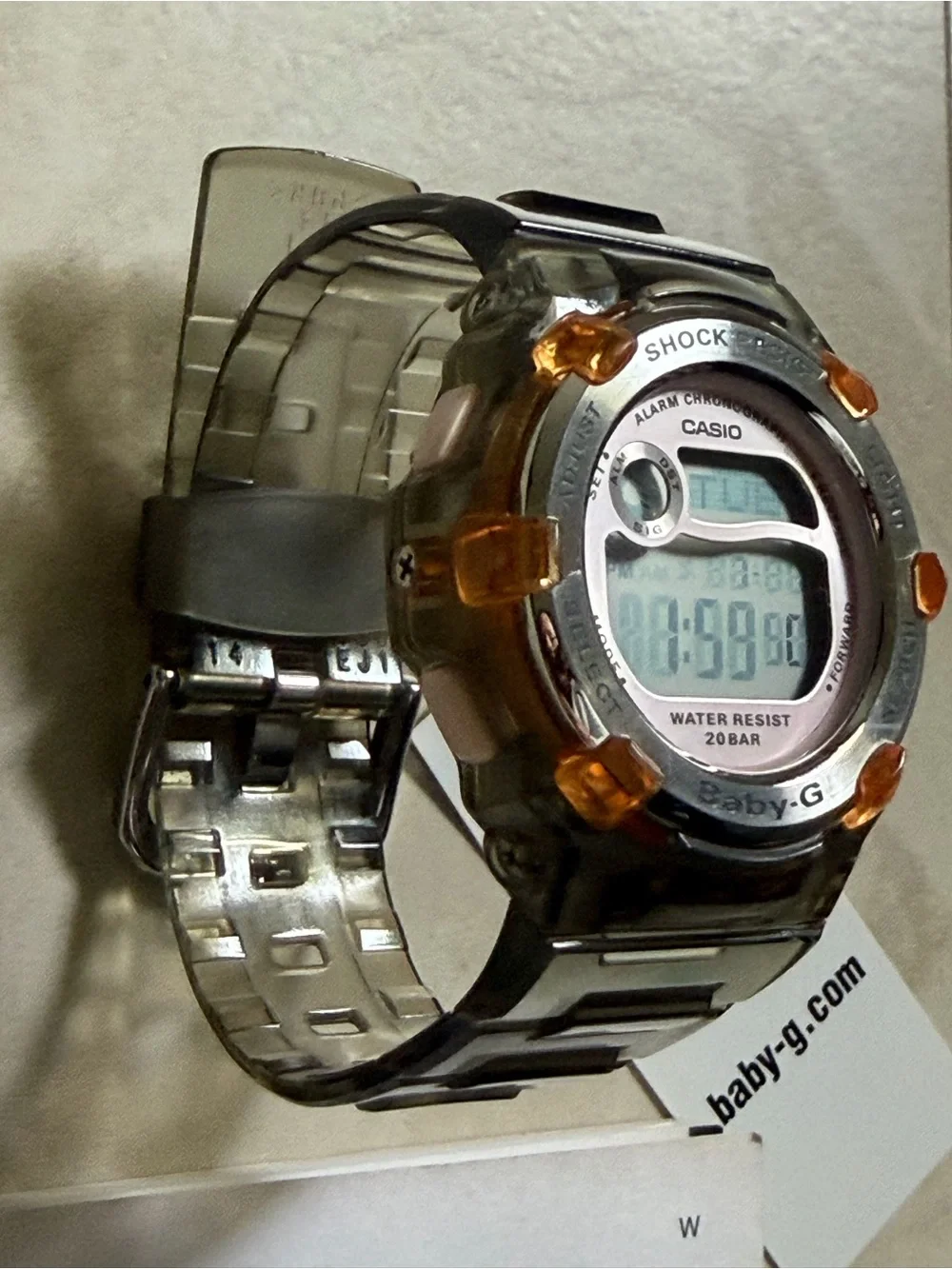 Casio Baby-G Clear Smoke Watch with Orange and Pink Accents